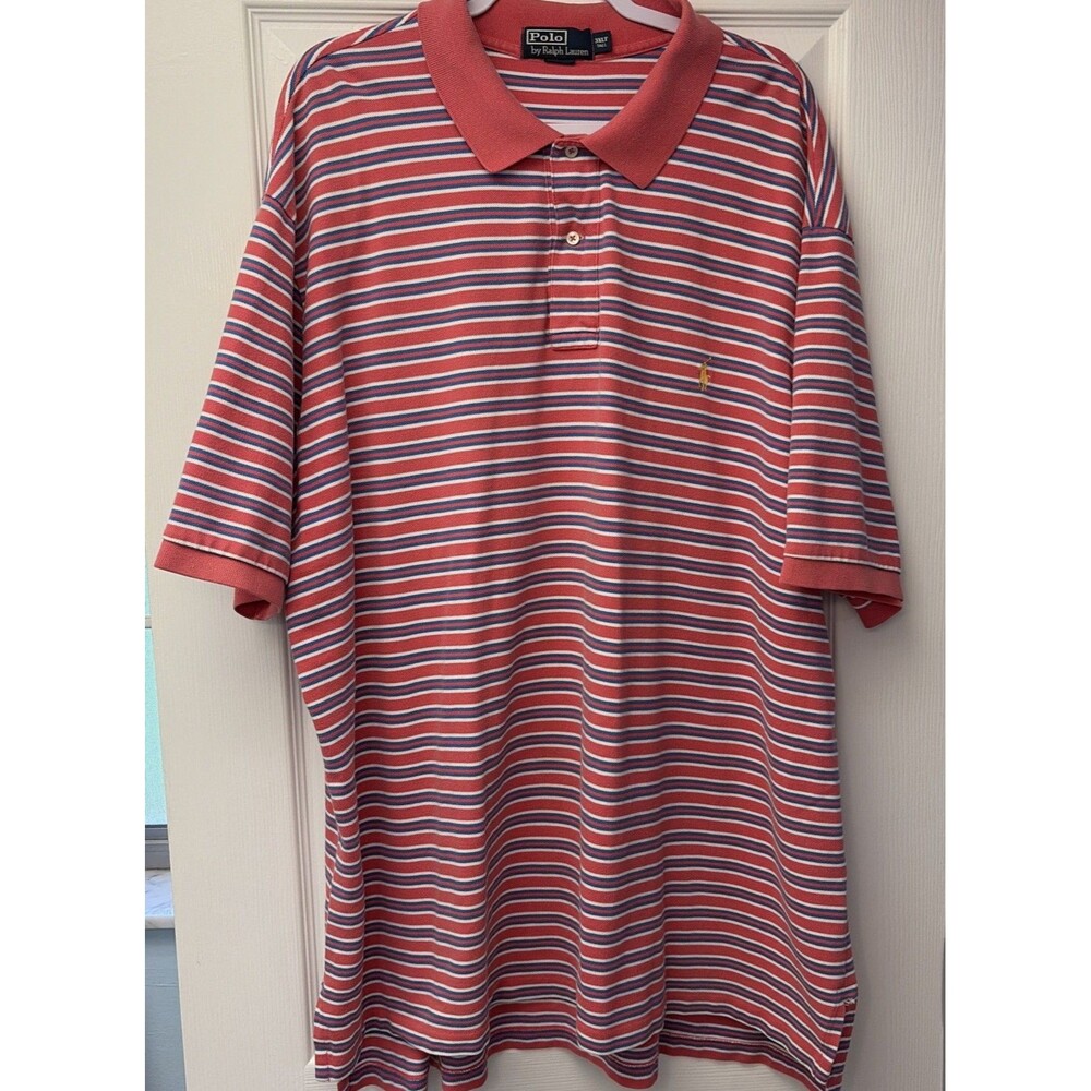 VTG POLO Ralph Lauren yellow Pony Polo Shirt coral/ White/blue Stripes 3XL Y2K